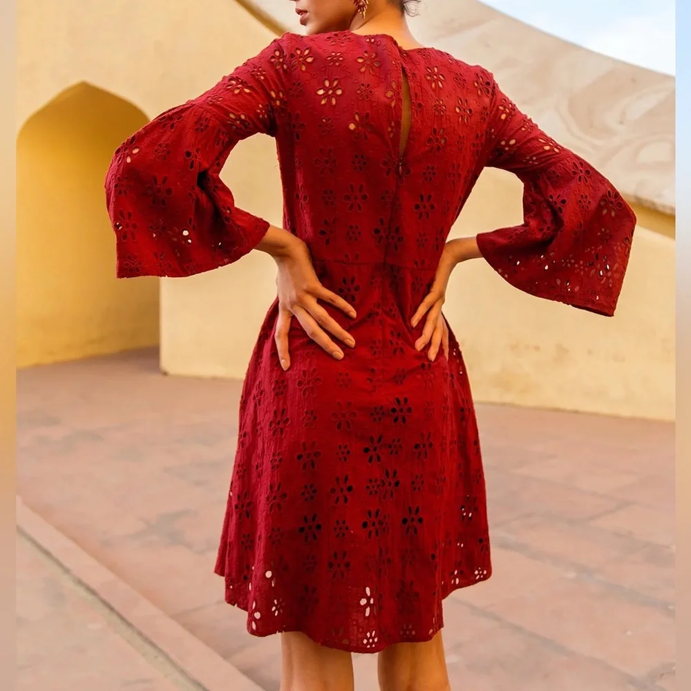 Beyond by Vera | 1891 Victoria Embroidered Eyelet Lace Bell Sleeve Dress Red (M) - Picture 2 of 16